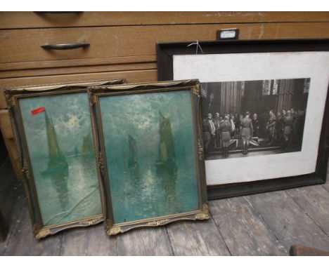 Pair of gilt framed sailing boat prints and a black and white framed print of the funeral of the Unknown Warrior dated 1920