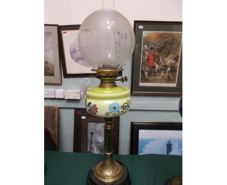 Table lamp in similar style the hand painted light green and cream bowl with antique domed etched glass shade and chimney