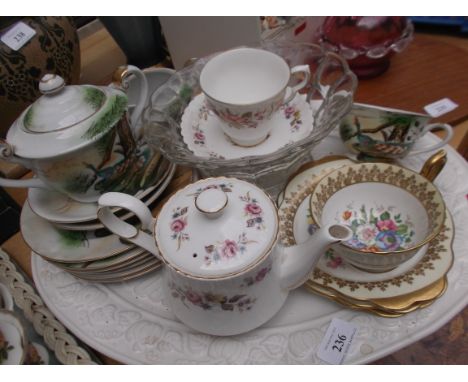 Magpie lot incl. white oval meat charger, Royal Stafford teapot, decorative Windsor bone china duo etc