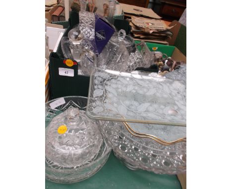 Large selection of cut and moulded glass incl. lidded biscuit barrel, handled fruit bowl, 2 port decanters, cake plates etc.