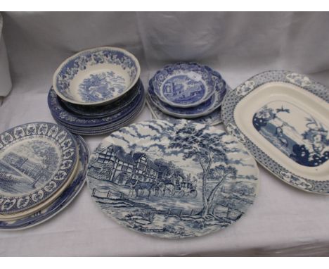 Large selection of Spode and other blue and white plates