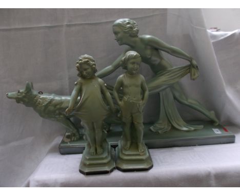 Light green painted plaster ornament of a naked lady with German Shepherd dog and 2 painted individual plaster figures of you