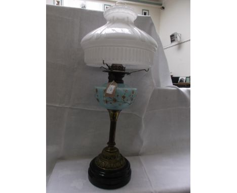 Circular pot based table lamp on brass corinthian column, the cambridge blue bowl decorated floral rosettes with shaped white