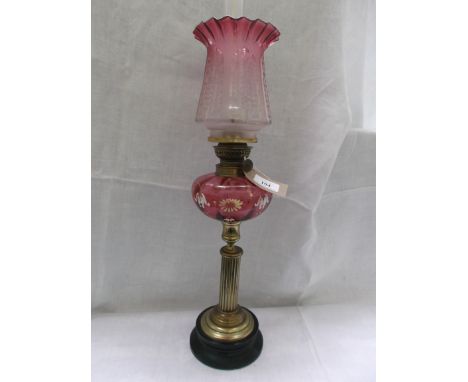 Circular pot based lamp with brass corinthian column hand painted ruby glass bowl and decorative etched glass cranberry shade