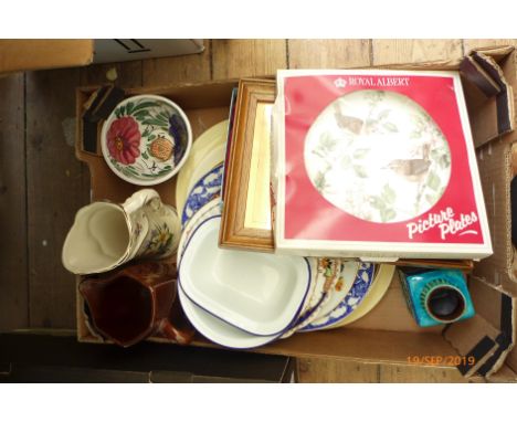 Mixed crockery, enamel ware, unused Royal Albert picture plate etc.