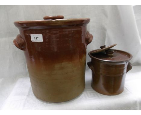 Large stoneware lidded pippin and another smaller, glass rolling pin