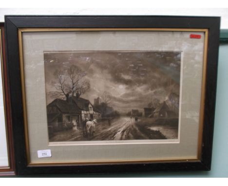 Oak framed sepia print of rural scene entitled 'The Forge - Moon Rise' 