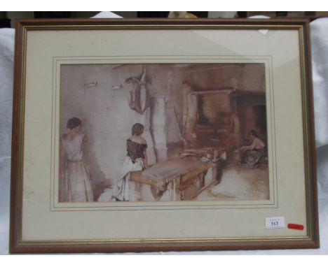 Framed sepia print by Russell Flint of 3 Spanish ladies, kitchen scene