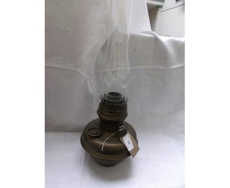 Hanging lamp with full length chains and filigree metal holder, the brass lamp and fittings with white mushroom shade and chi