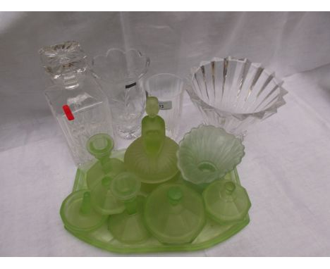 7 piece light green frosted glass dressing table ornaments, glass flower vases, whisky decanter etc.