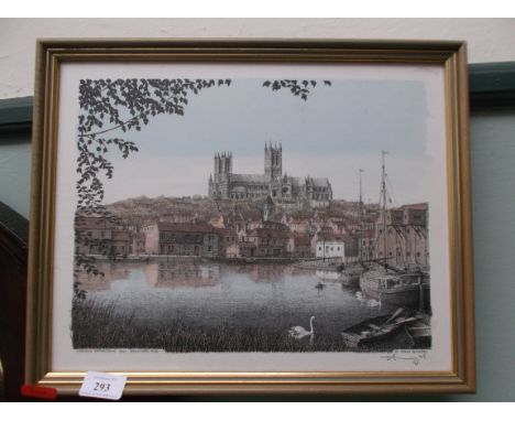 Signed copy print after John Bangay of Lincoln Cathedral from the Brayford Pool