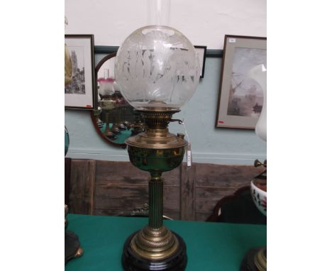 Circular pot based brass table lamp with antique domed etched glass shade, chimney