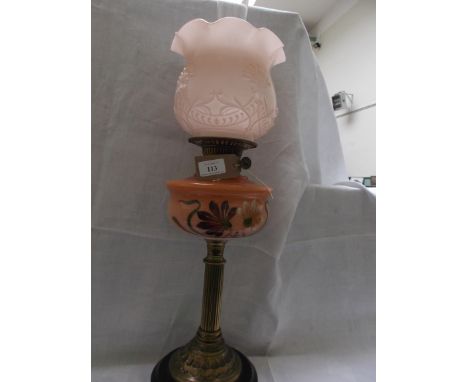 Circular pot based lamp with brass corinthian column to the floral multi-coloured painted pink bowl with a decorative lighter