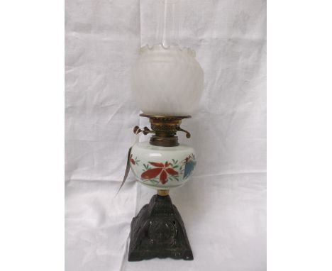 Metal based table lamp, the duck egg blue bowl hand painted floral sprays, clouded white glass shade and chimney