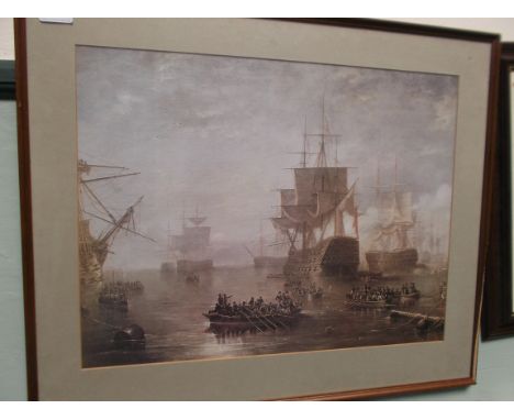Coloured print of sailing boats at anchor