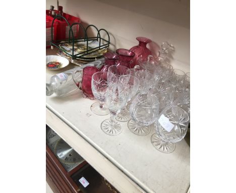 GLASSWARE INC. COLOURED GLASS AND ROLLING PIN AND SOME CHINA PLATES