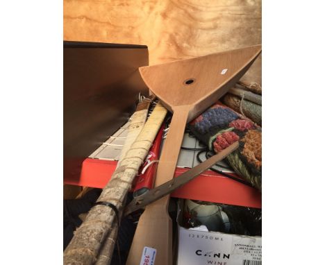 2 HOCKEY STICKS, ICE AXE AND UNFINISHED WOODEN INSTRUMENT