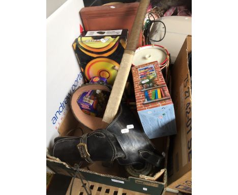 BOX OF ITEMS INCLUDING GUN HOLSTER, HOCKEY STICK AND BOXED MODELS