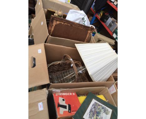 4 BOXES OF ITEMS INCL.PICTURES, TABLE LAMP WICKER BASKET ETC.