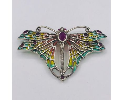 A Silver Plique A Jour Butterfly brooch with ruby panel
