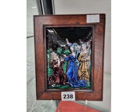 A framed Limoges enamel plaque with three figure wondering at the star over Bethlehem 14.5cm x 10cm