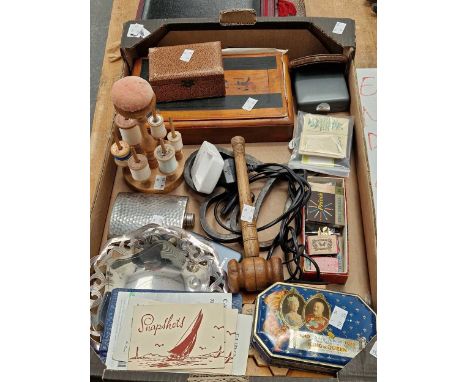 A Mahjong set, cigarette cards, empty photo albums, a gavel, an electroplate hip flask, a cotton reel stand, etc.