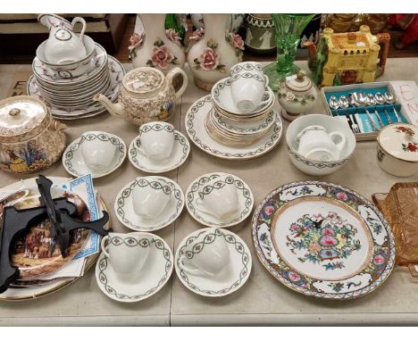 Shelley and European tea wares, a pair of vases applied with roses, a green glass vase, mantel clock etc