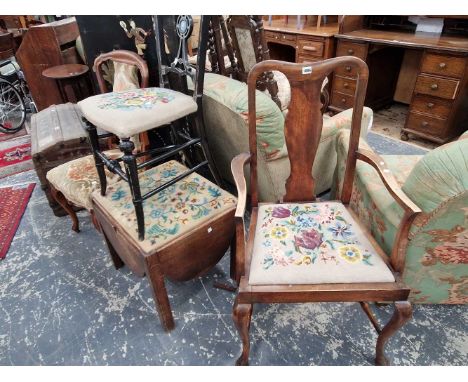 A cabriole leg large arm chair, two bedroom chairs and a commode.