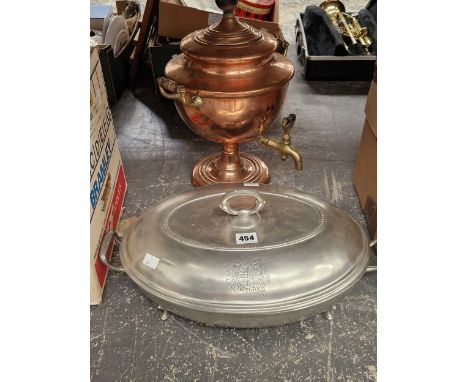 A glass lined pewter two handled oval dish together with a copper epergne