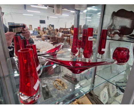 Six Art glass pieces with ruby interiors to clear glass
