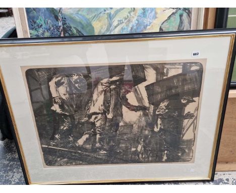Large signed Frank Brangwyn, labourers at work, lithograph.