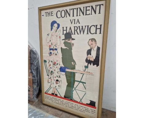 A good rare vintage London Northeastern Railway (LNER) travel poster, "The Continent Via Harwich"appears to be original, not 