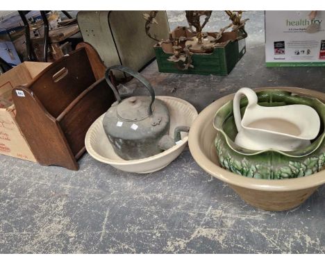 Wash bowls, a planter, a copper kettle, a magazine rack together with a glass punch bowl with cups