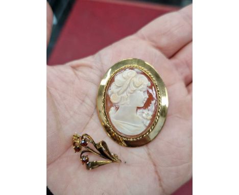 A 9ct hallmarked gold cameo portrait brooch, together with a 9ct hallmarked gold gemset brooch.Gross weight 9.02grms.