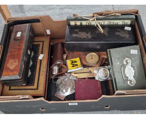Two cash boxes, two lacquer glove boxes, AA badges, a hip flask, a car clock, etc