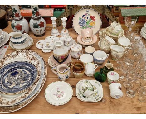 Platters, tea wares, drinking glass, a dressing table set, a pair of glass vases, a Poole plate, etc