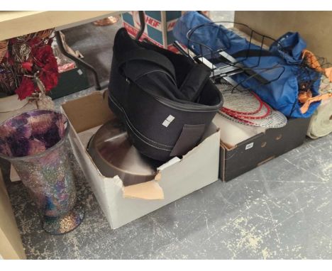 A keep net and stand, squash rackets, two vases, a brushes teel ceiling light, a roll of floral textile, etc