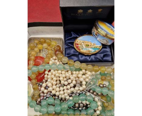 A quantity of bead necklaces, cultured pearls and other necklets, an epns case, two Halcyon Days enamel boxes, silver earring