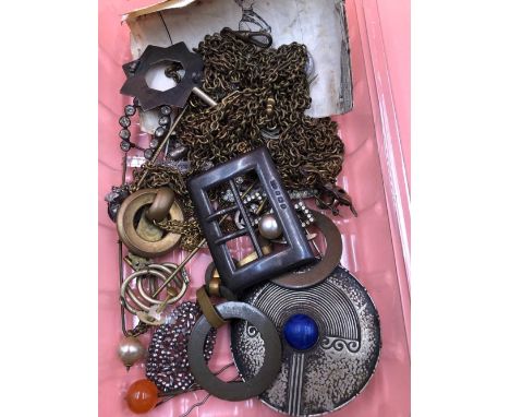 A collection of antique and later stick pin, brooches, costume guard chain, Alpaca signed large buckle, etc. 