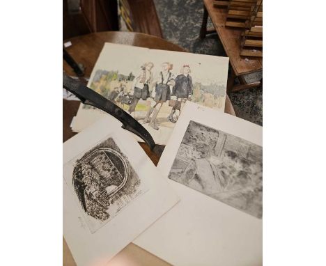 DAVID ISSAKOVITCH ROUBINSTEIN (1902-1993) ARR, TWO ETCHINGS, A WATERCOLOUR AND A PENCIL SKETCH, ALL UNMOUNTED AND UNFRAMED. (