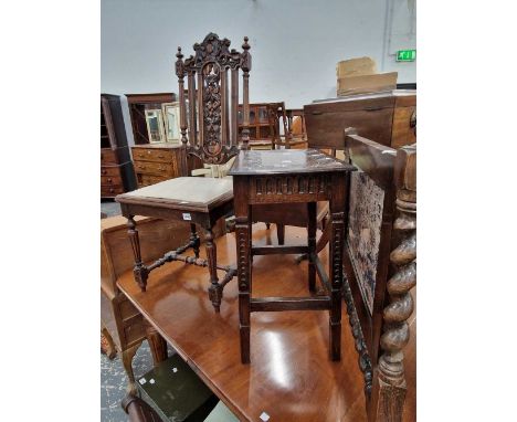 A vintage carved oak hall chair, a tall stool/occasional table and a firescreen.