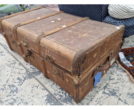 A vintage wood slat cabin trunk, a JVC turntable and a small t-square