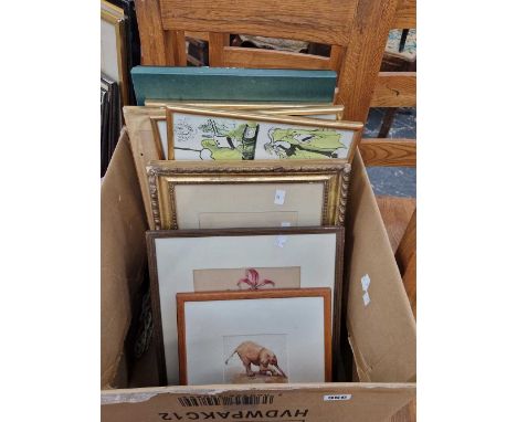 Various embroidered pictures, four prints after Ronald Searle, and a vintage newspaper.