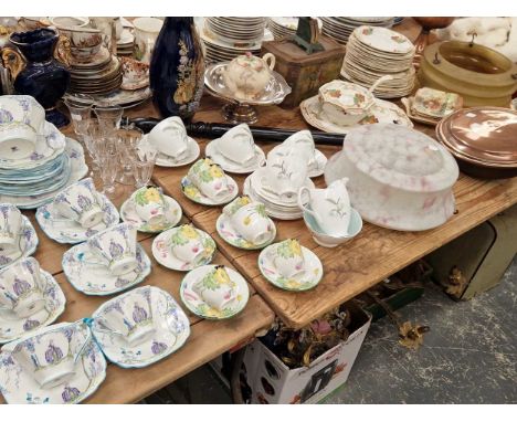 A cutlery canteen, fur stole, an oil lamp, two tins, Standard, Lawley and Royal Albert tea wares, sandwich sets, glass light 