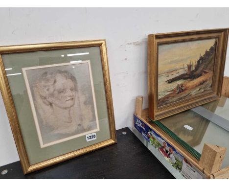 Portrait of a lady and a small oil coastel scene.