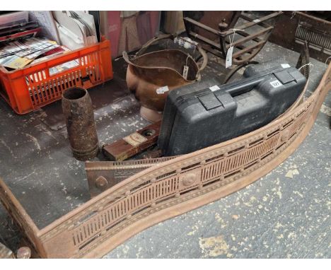 Two steel fenders, fire irons, a fire grate, a copper coal bucket, a spirit level, a vice, a cased electric car jack, etc.