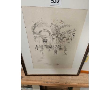 AFTER JAMES MACNEILL WHISTLER, FIGURES IN A LARGE ART GALLERY, LITHOGRAPH, 19 x 26cm.