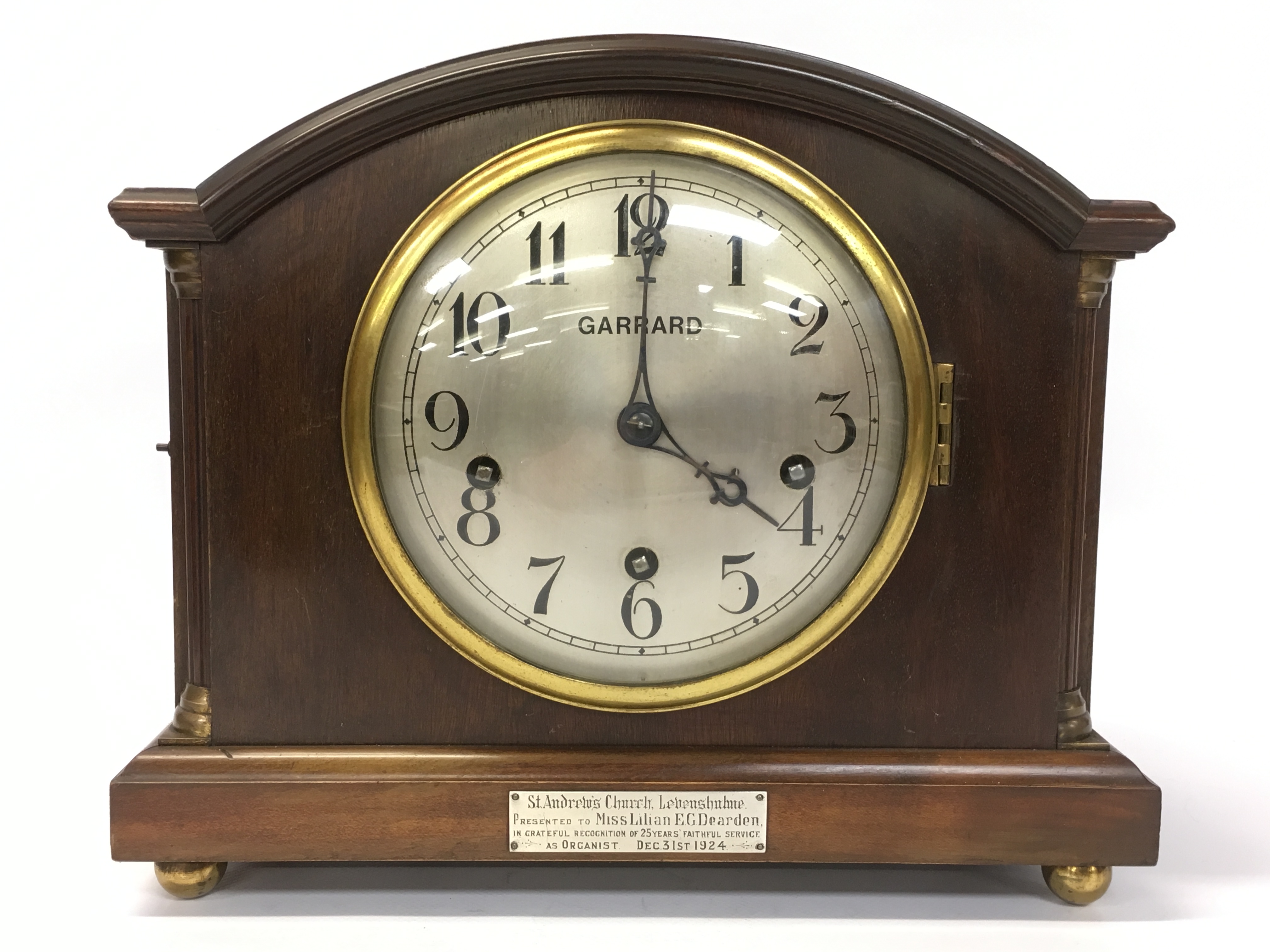GARRARD MUSICAL CHIMING MANTEL CLOCK, WITH ARCH TOP MAHOGANY CASE
