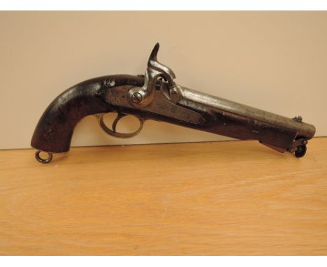 An East India Government Percussion Pistol having plain wooden grip, Birmingham 1870 and Crown with EIG with arrow under to s