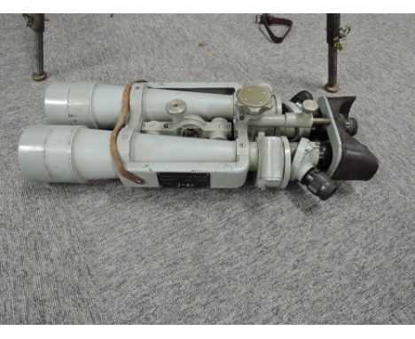 A pair of WWII period Huet Paris Naval Anti Aircraft Flak Binoculars, 12X 20X, side plate also marked Marine Nationale Constr